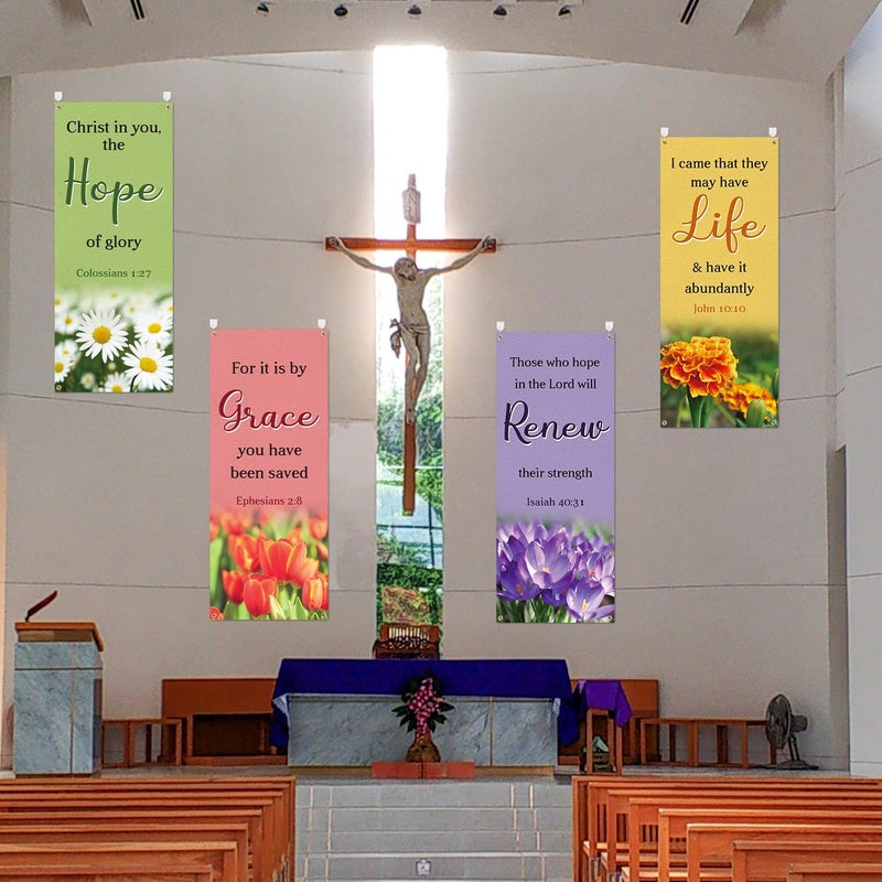 Yopyame Church Banners with Scripture - 4PCS Christian Banners for Home Decorations 24 x 59.4 Inch Vinyl Floral Pattern Religious Praise Churches Banner for Churches Sunday School Indoor Outdoor - Image 4